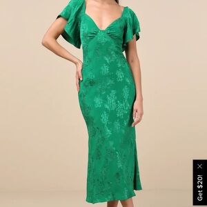 Effervescent Afternoon Green Satin Flutter Sleeve Midi Dress